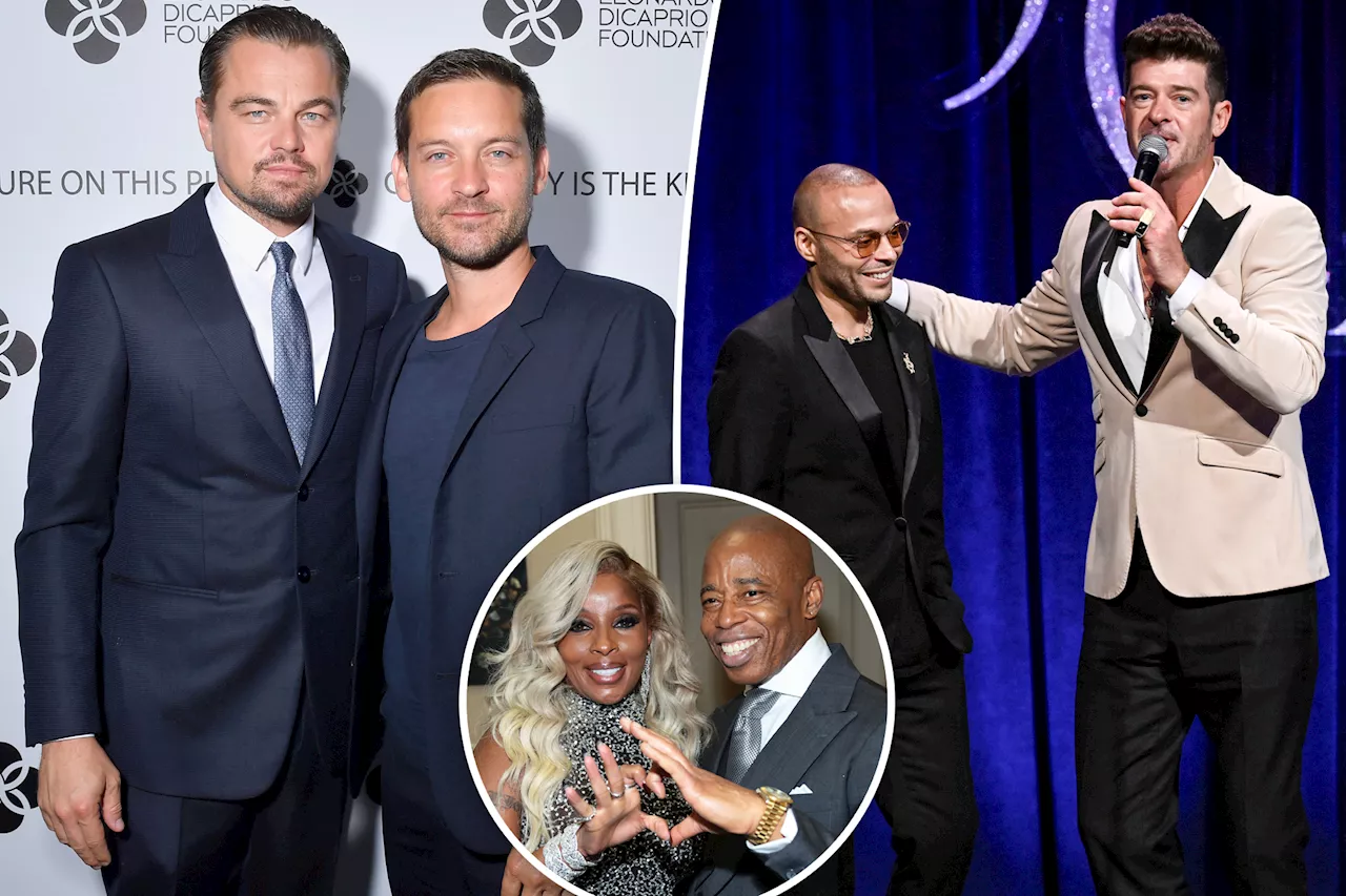 Leonardo DiCaprio and Tobey Maguire stand out in baseball caps at black tie gala