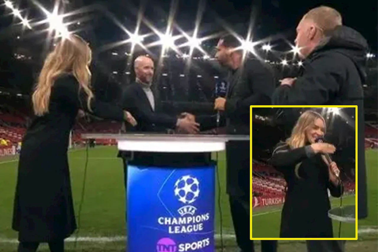 Laura Woods hilariously shakes her own hand after being ‘pied completely’ by Manchester United boss Erik te...