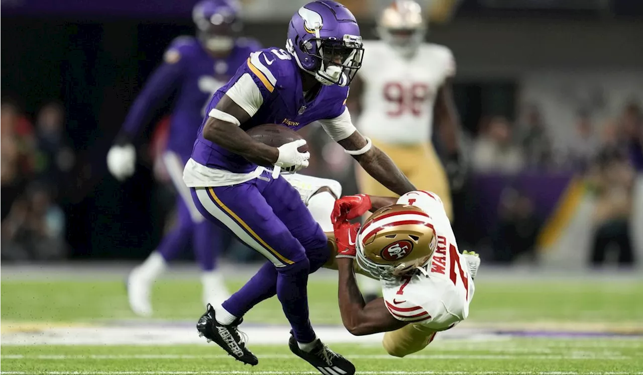 Vikings outlast 49ers 22-17 with 2 touchdown catches from Addison, 2 interceptions by Bynum