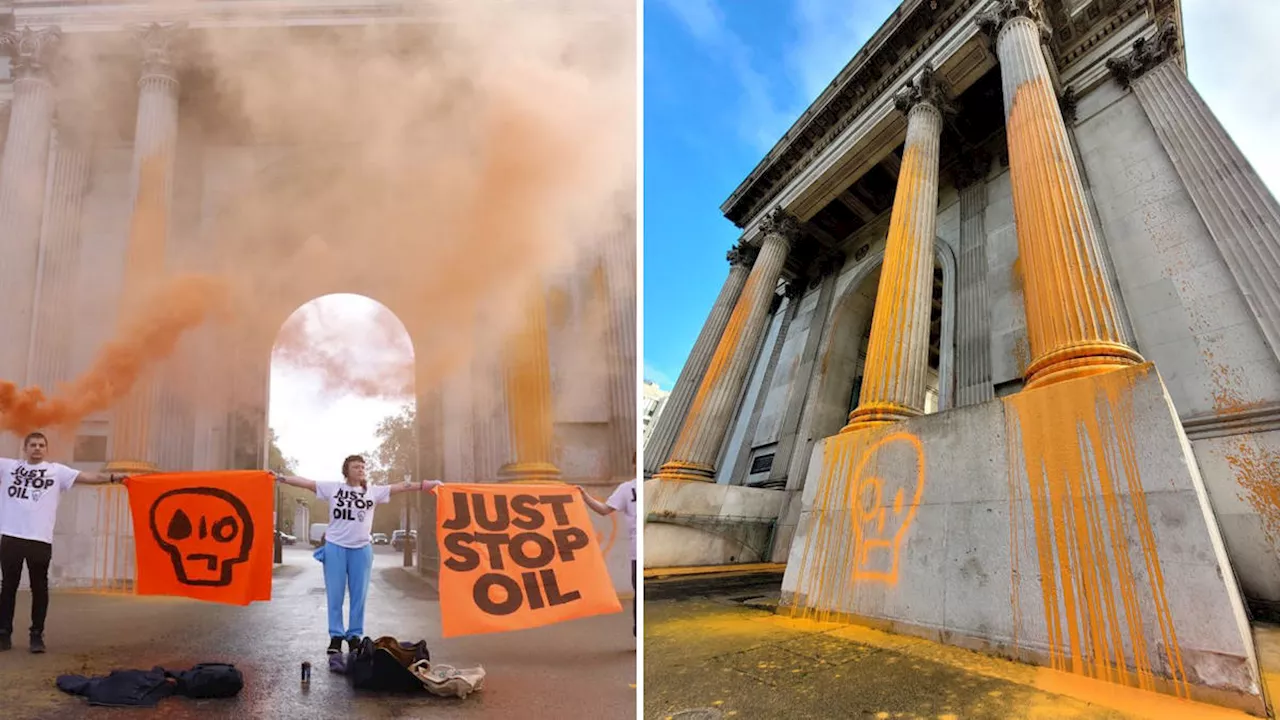 Just Stop Oil vandalise 200-year-old Wellington Arch, spraying central London monument with orange paint