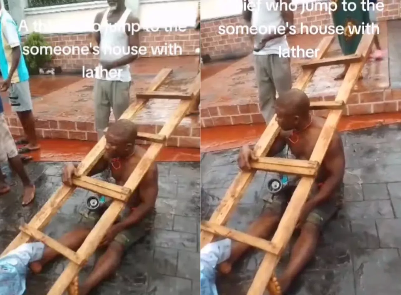 Drama as ladder placed on thief’s head after breaking into house to steal (Video)