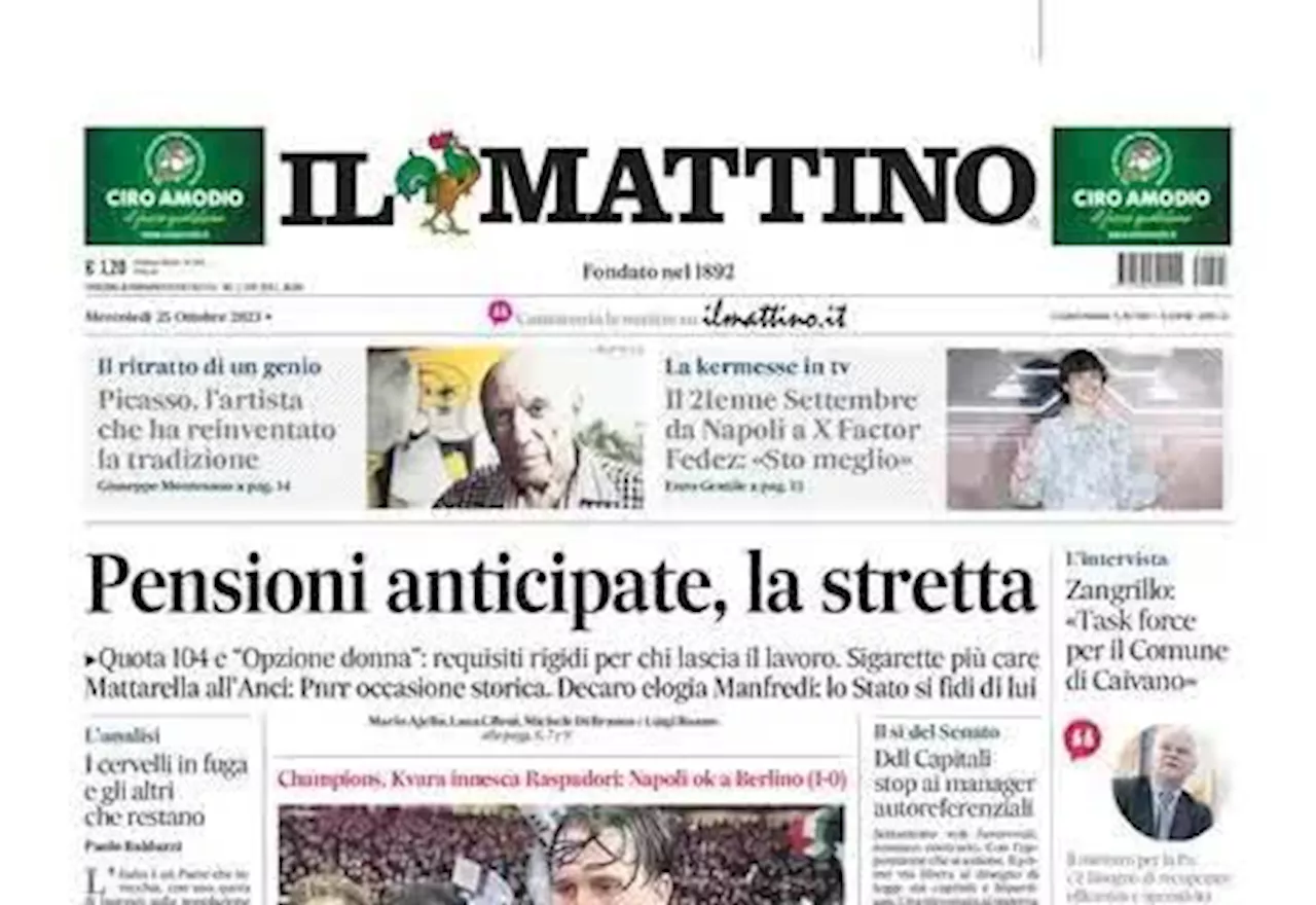 Il Mattino in prima pagina apre sulla vittoria del Napoli in Champions: 'Giù il muro'