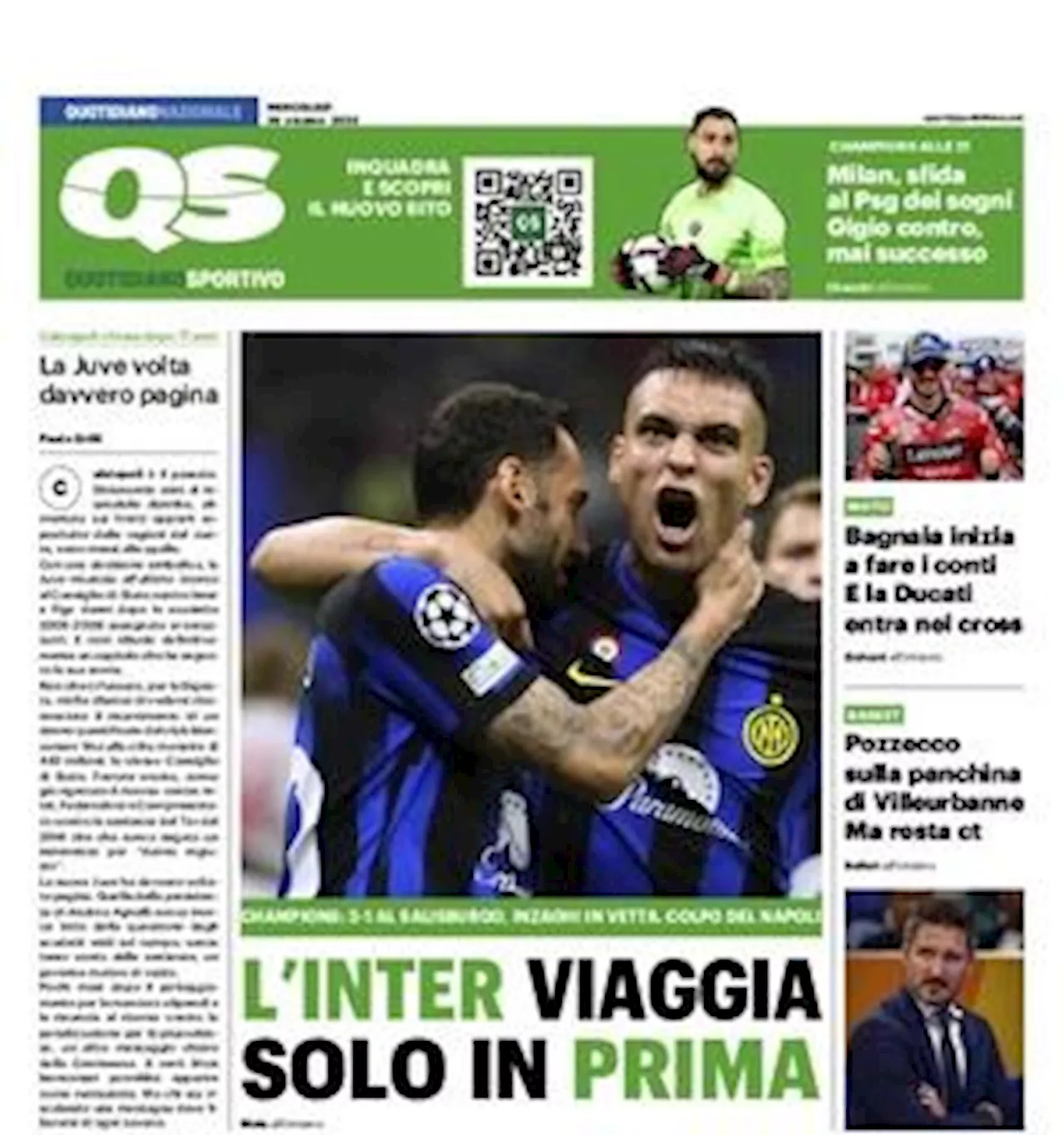 La prima pagina del QS apre con il successo nerazzurro: 'L'Inter viaggia solo in prima'