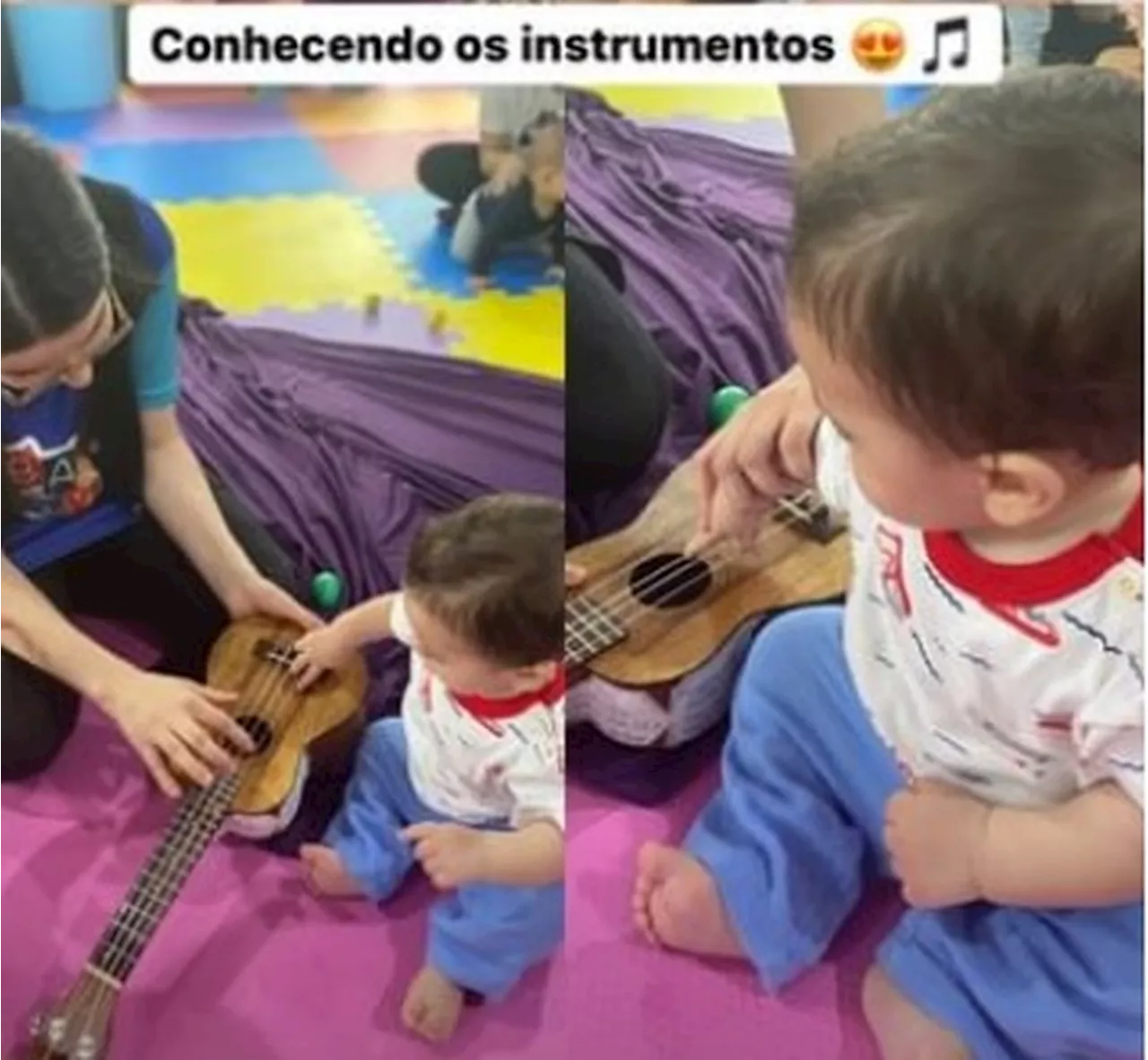 Claudia Raia mostra Luca, seu filho caçula, conhecendo instrumentos em academia para bebês; conheça o local