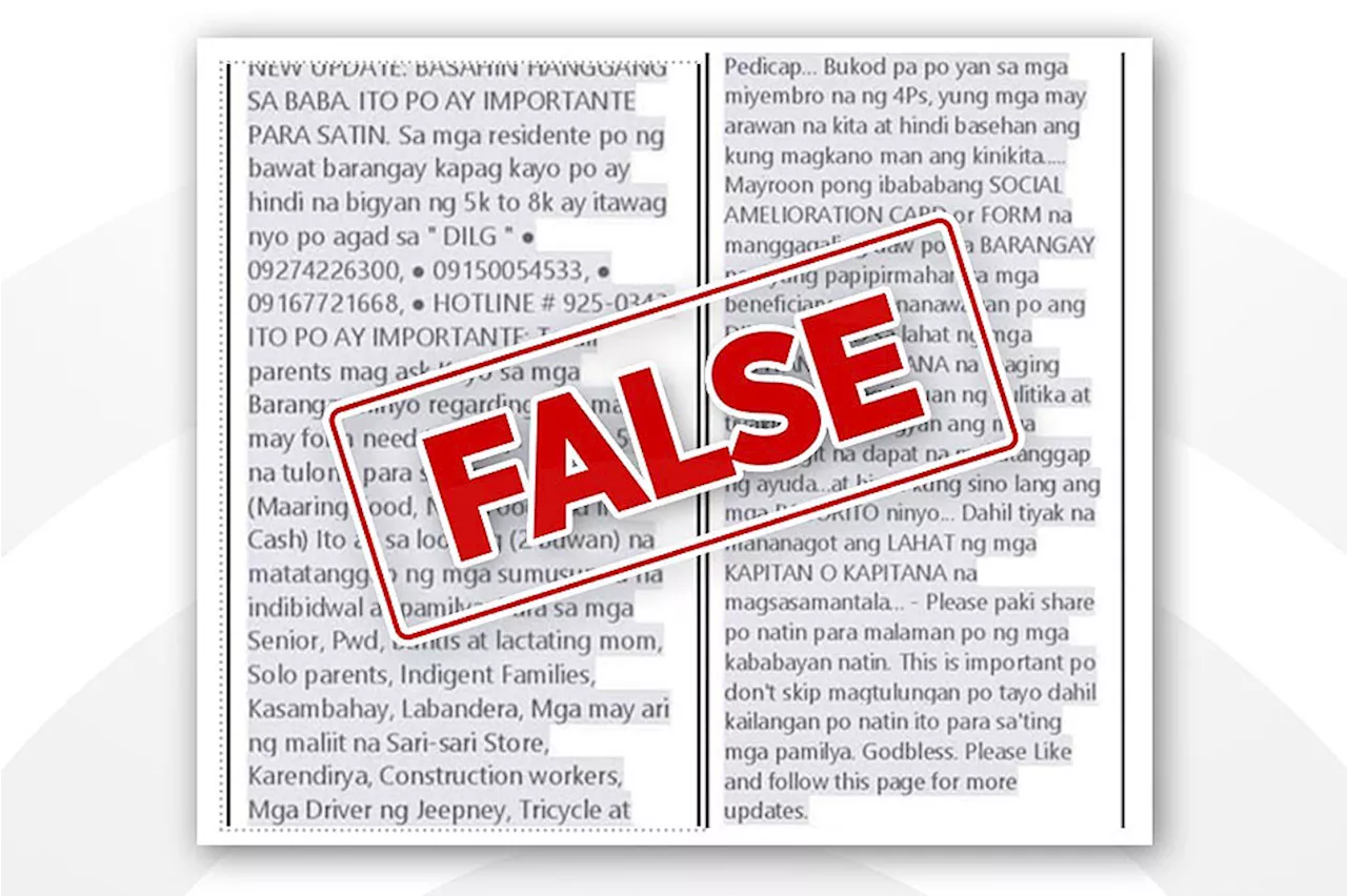 FACT CHECK: Hindi totoo ang P5,000-P8,000 ayuda ng DSWD, DILG