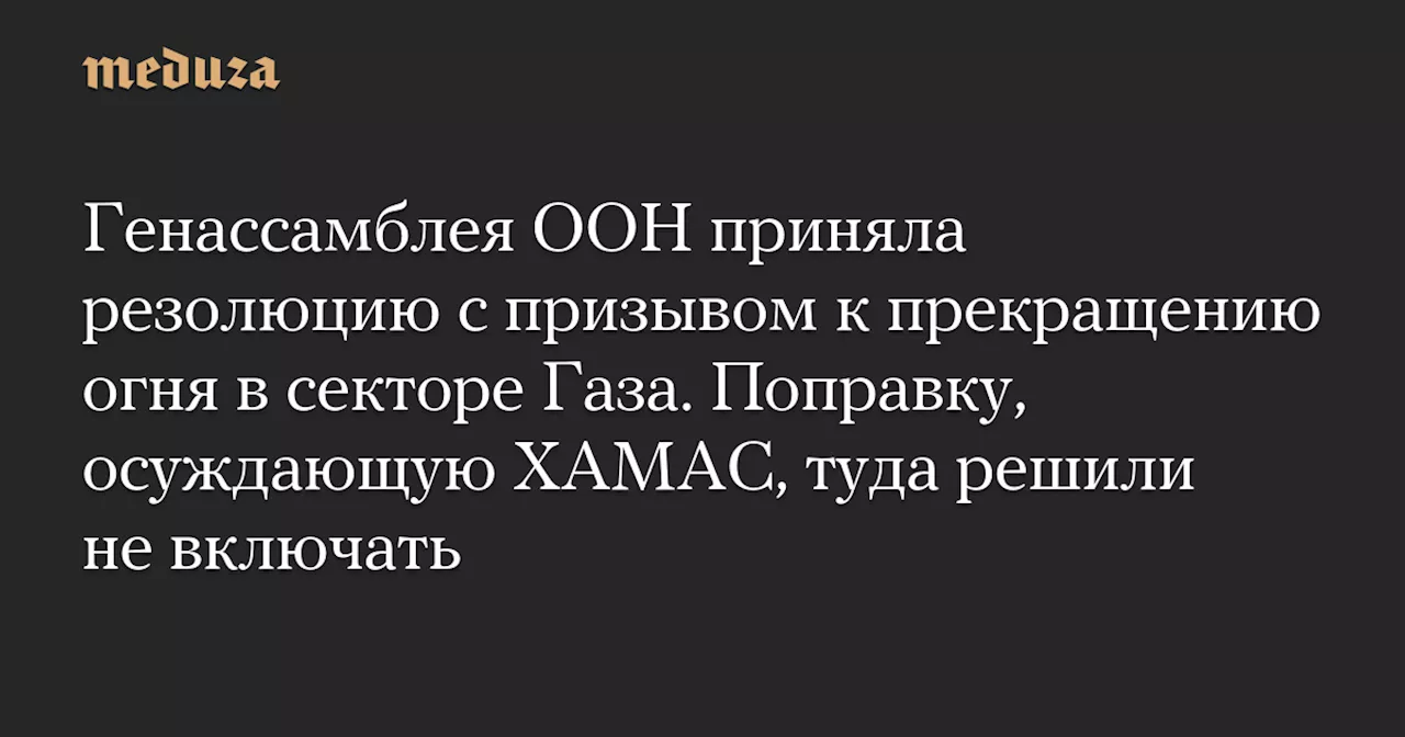 Генассамблея ООН приняла резолюцию с призывом к прекращению огня в секторе Газа. Поправку, осуждающую ХАМАС, туда решили не включать — Meduza