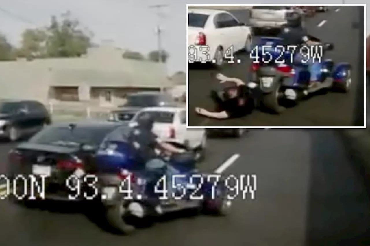 Bus nearly mows down woman who suddenly fell off motorcycle in insane street video