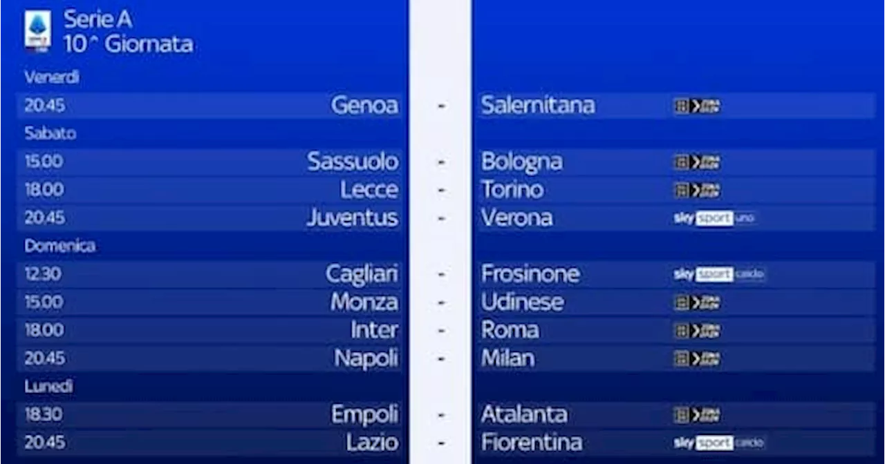 Il calendario della Serie A: partite e orari della 10^ giornata