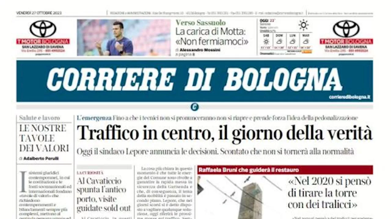 L'apertura del Corriere di Bologna titola sulla carica di Motta: 'Non fermiamoci'