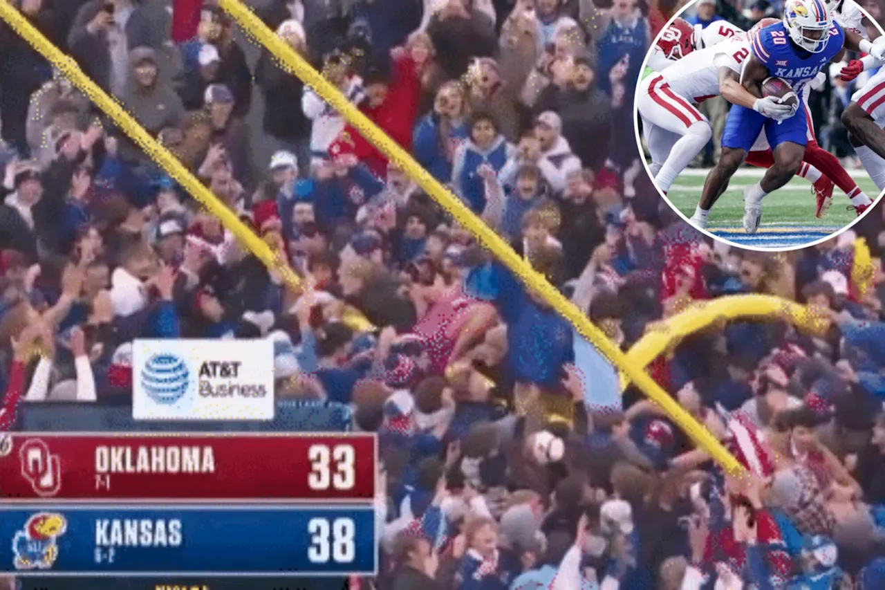 Kansas fans rip down goalpost after massive upset over Oklahoma in wild scene