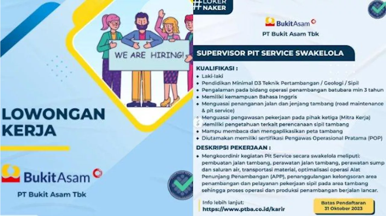 Lowongan Kerja PT Bukit Asam Tbk Posisi Supervisor PIT Service Swakelola, Ini Syarat Daftarnya