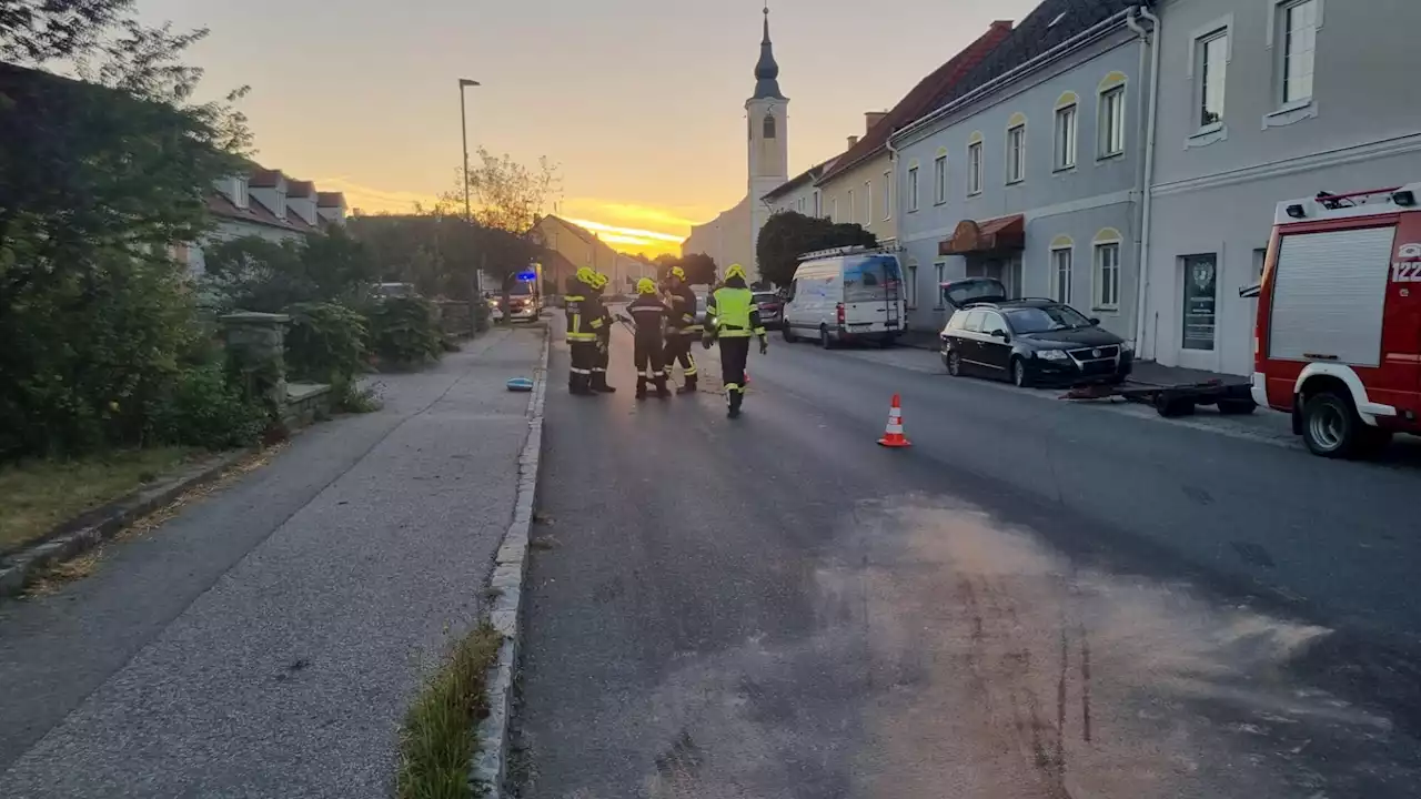 Bei Aufprall Ölwanne geplatzt: Wehr reinigte Straße und Gehsteig