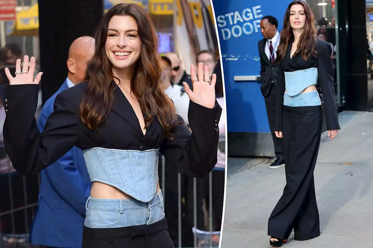 Anne Hathaway wears double pants and denim corset blazer outfit to ‘Good Morning America’