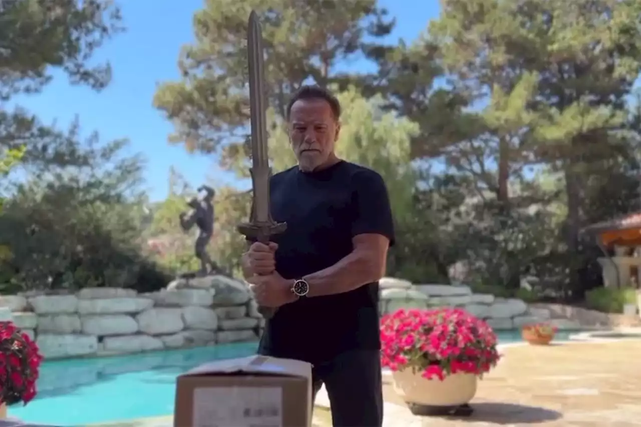 Arnold Schwarzenegger Uses His 'Conan the Barbarian' Sword to Open First Box of Copies of His New Book