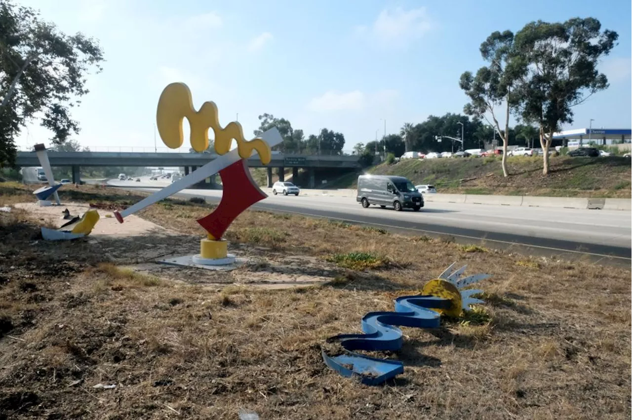 Colorful sculptures on 170 freeway in NoHo are mowed down by motorist