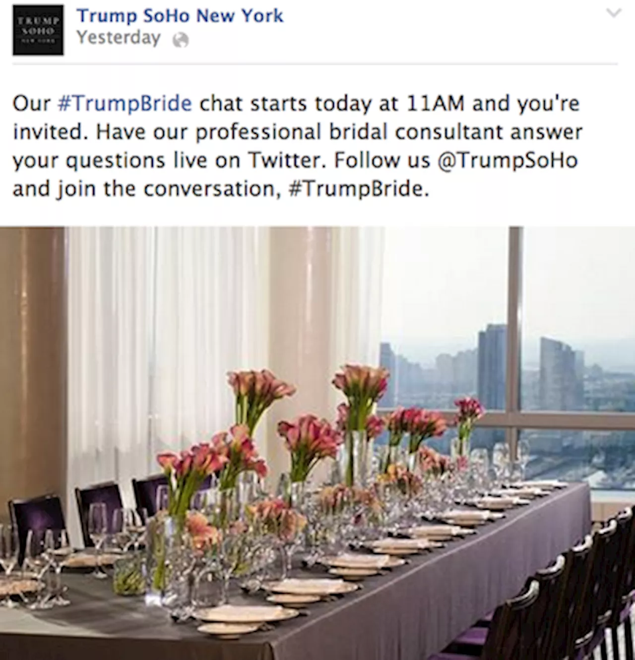 Trump SoHo touts wedding expertise with live Twitter chat