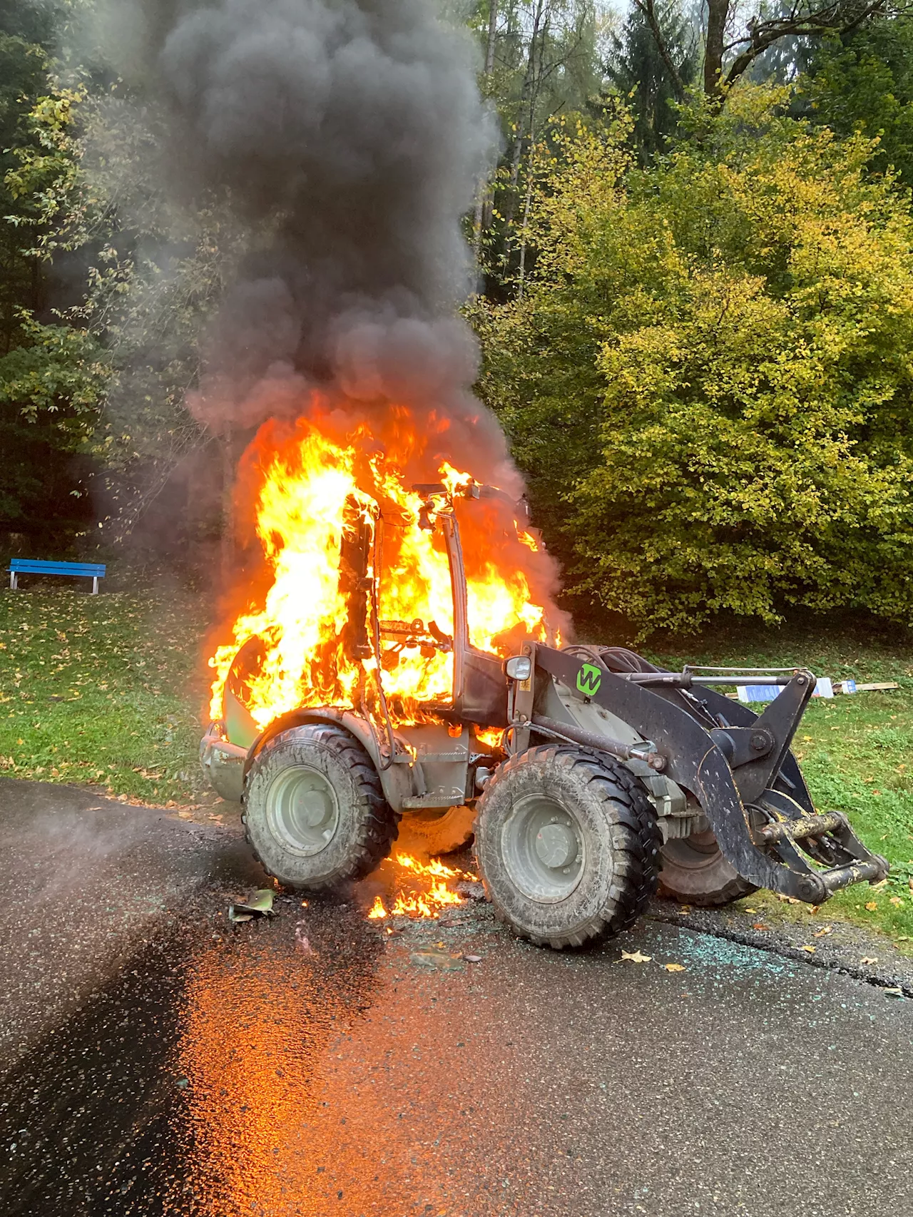 Pneulader gerät auf Bergstraße in Brand