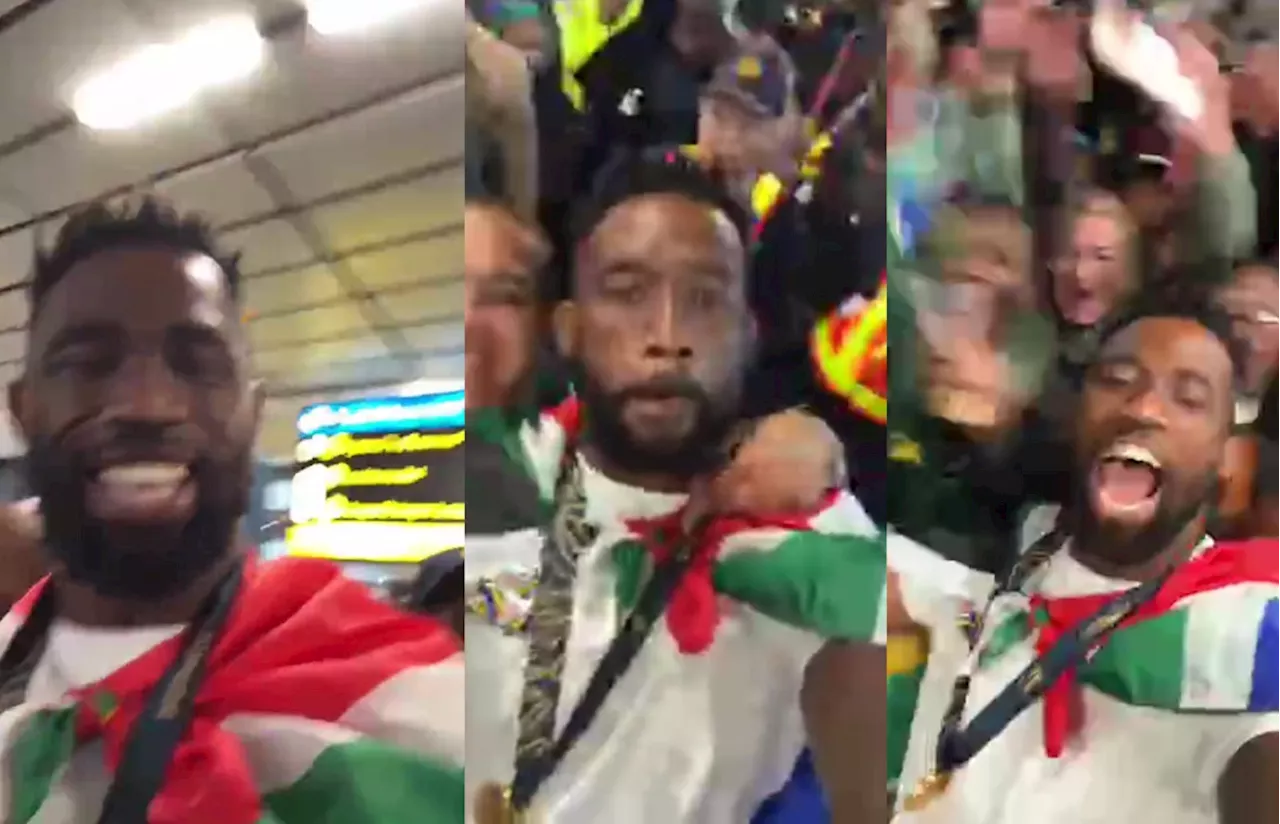 Watch: Springboks captain Siya Kolisi celebrates with fans at the airport