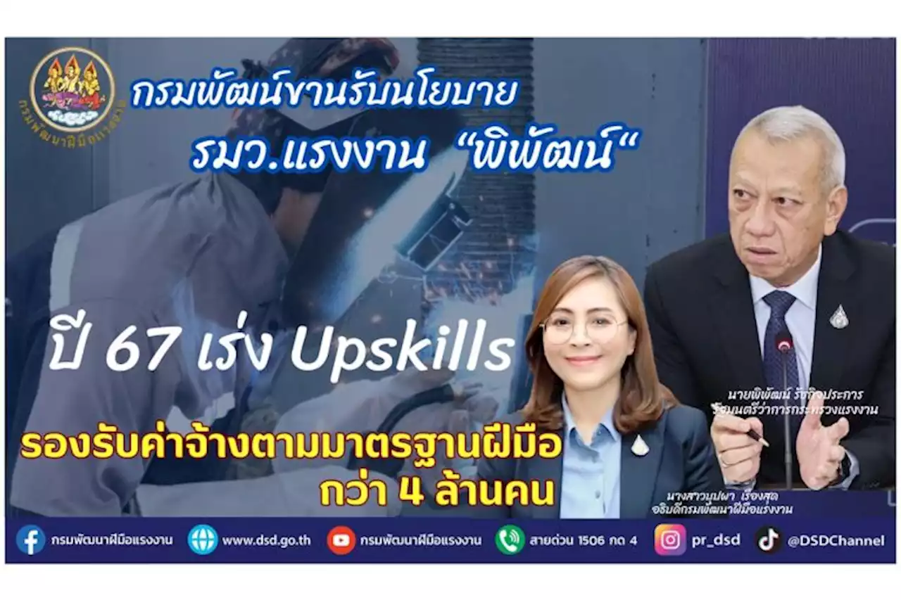 'กรมพัฒน์' ขานรับนโยบาย รมว.แรงงานปี 67 เร่ง Upskills รองรับค่าจ้างตามมาตรฐานฝีมือกว่า 4 ล้านคน