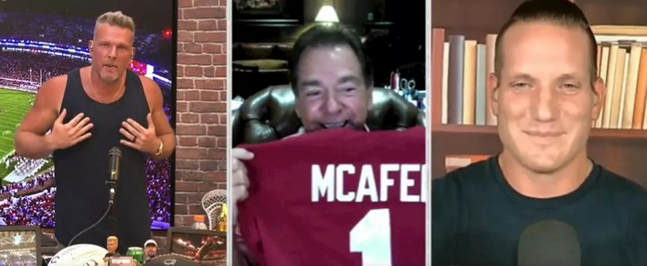 Watch Nick Saban take funny jab at NIL as he gifts Pat McAfee Alabama T-shirt with name on it