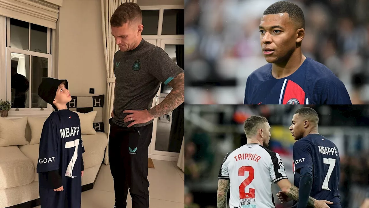 Slightly too big! Kieran Trippier's son models Kylian Mbappe's shirt after Newcastle thrash PSG 4-1 on St James' Park Champions League return