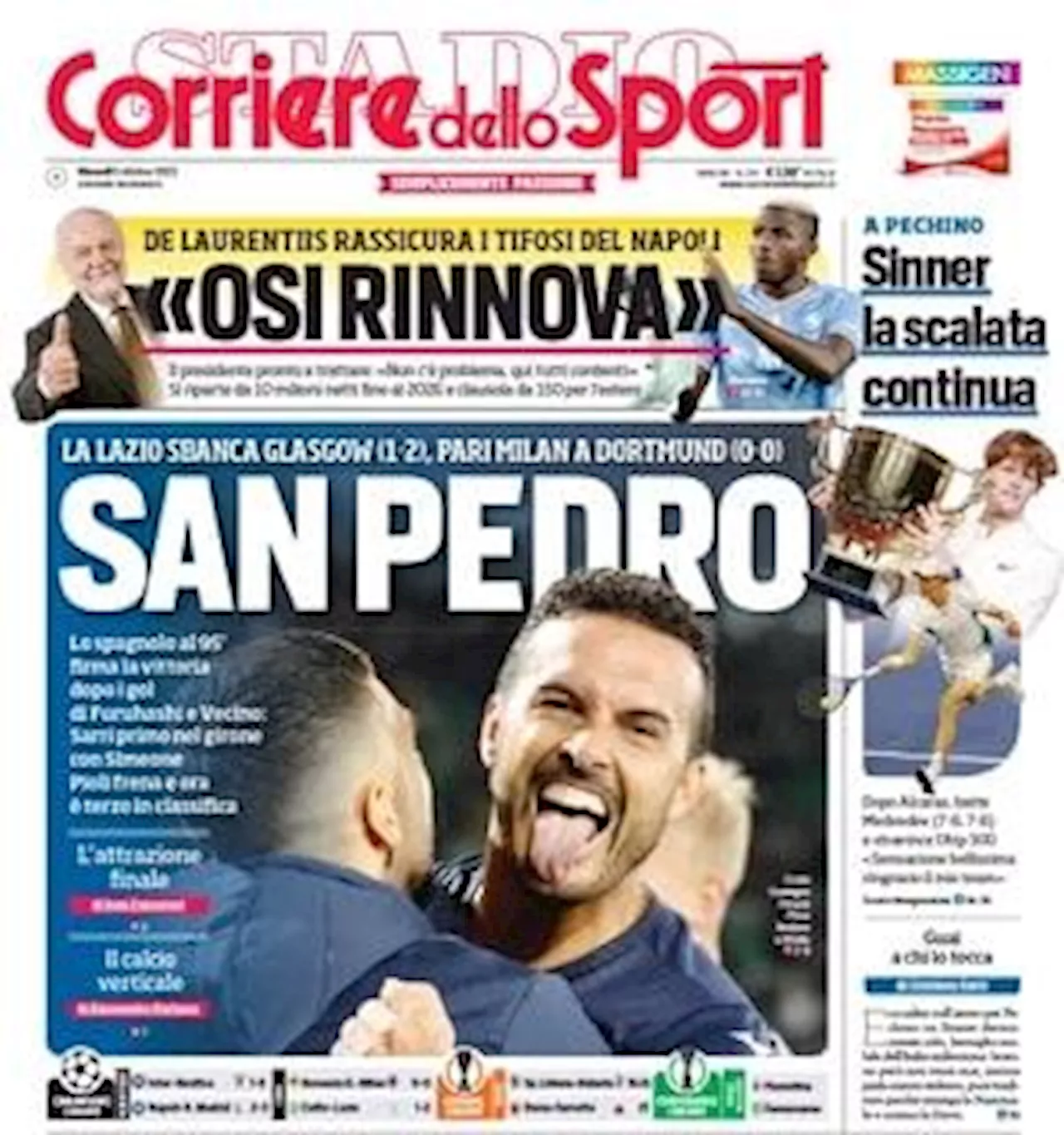 La Lazio sbanca Glasgow all'ultimo, il Corriere dello Sport in prima pagina: 'San Pedro'