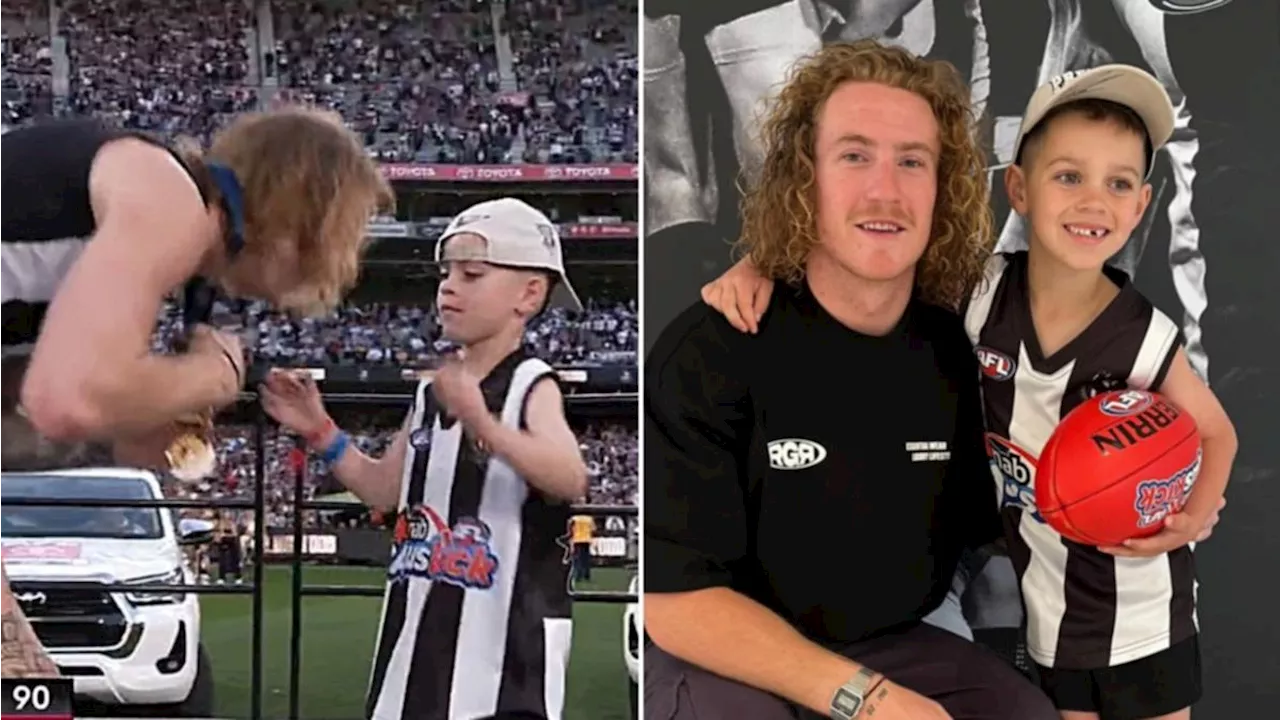 Collingwood hero Beau McCreery meets young Auskicker Hunter after AFL grand final handshake snub