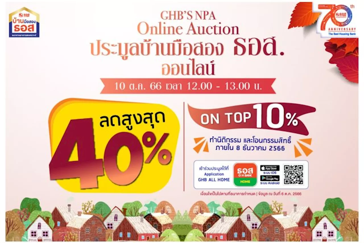 มาแล้ว! ธอส.จัด 10.10 GHB’S NPA Online Auction 10 ต.ค.นี้พบทรัพย์เด่นกว่าพันรายการทั่วประเทศ ลดสูงสุด 40%-On Top อีก 10%