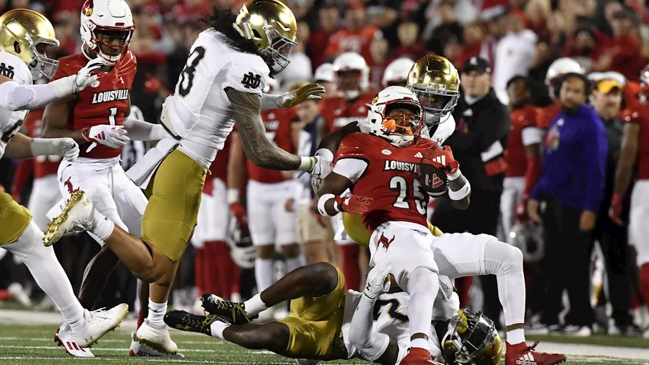 No. 24 Louisville beats No. 10 Notre Dame 33-20, with Jawhar Jordan running for 143 yards, 2 TDs