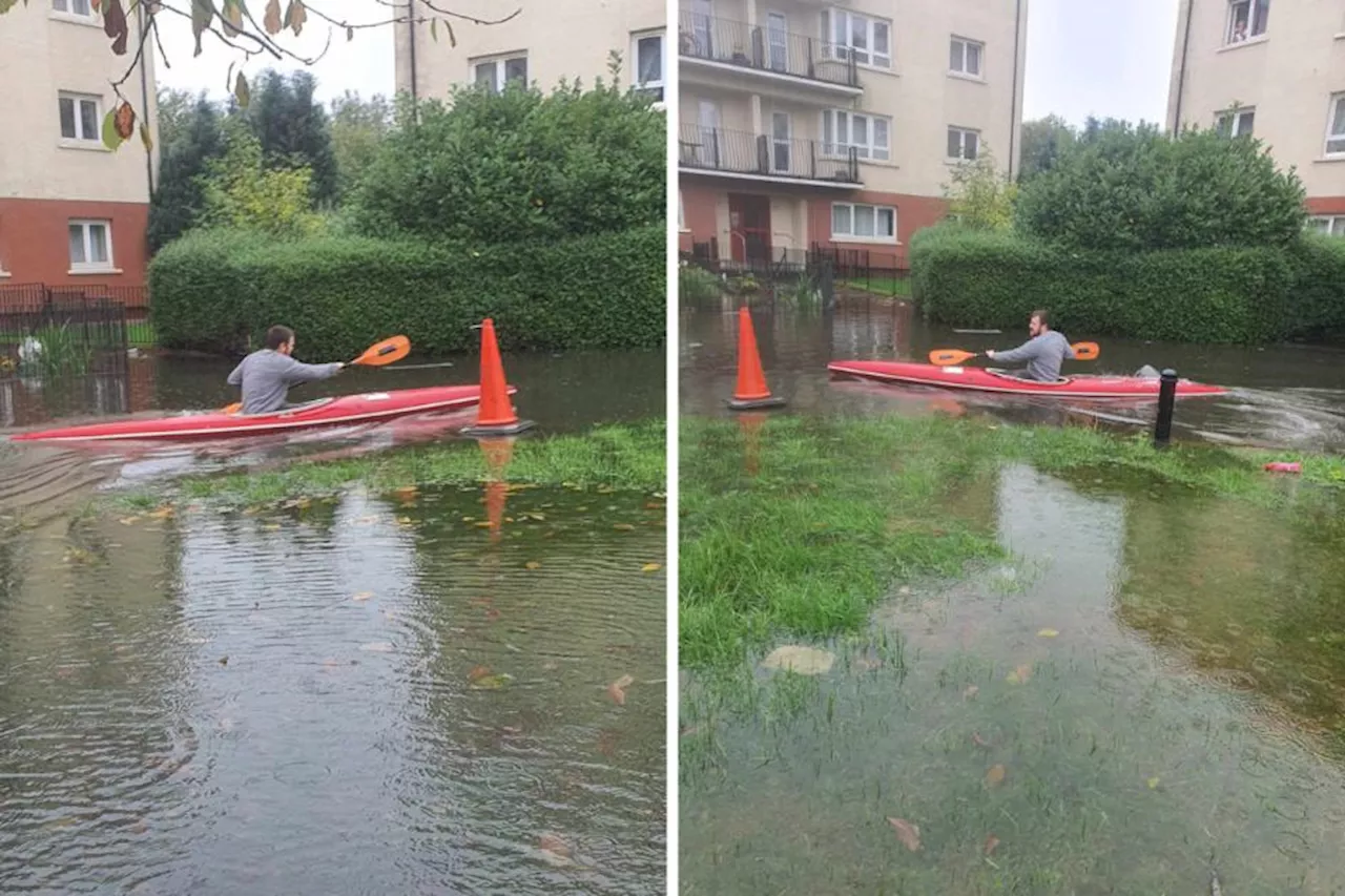 Glasgow flooding: Man spotted in a kayak on street