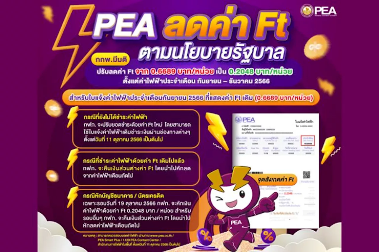 PEA ลดค่า Ft ตามนโยบายรัฐบาล เพื่อลดภาระค่าใช้จ่ายด้านไฟฟ้าให้แก่ประชาชน