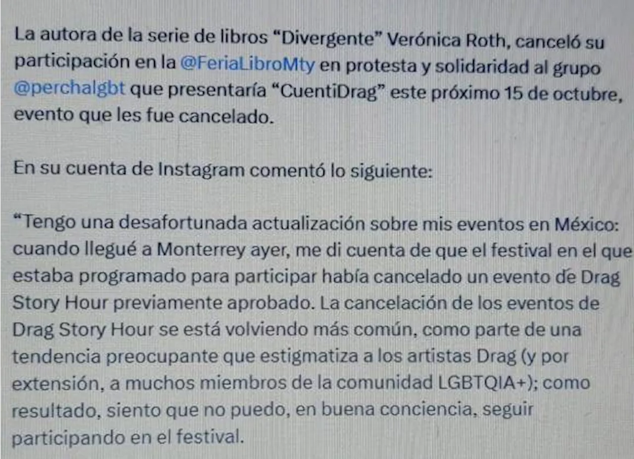 Autora de “Divergente” cancela participación en FIL Monterrey en apoyo a Drag Queen