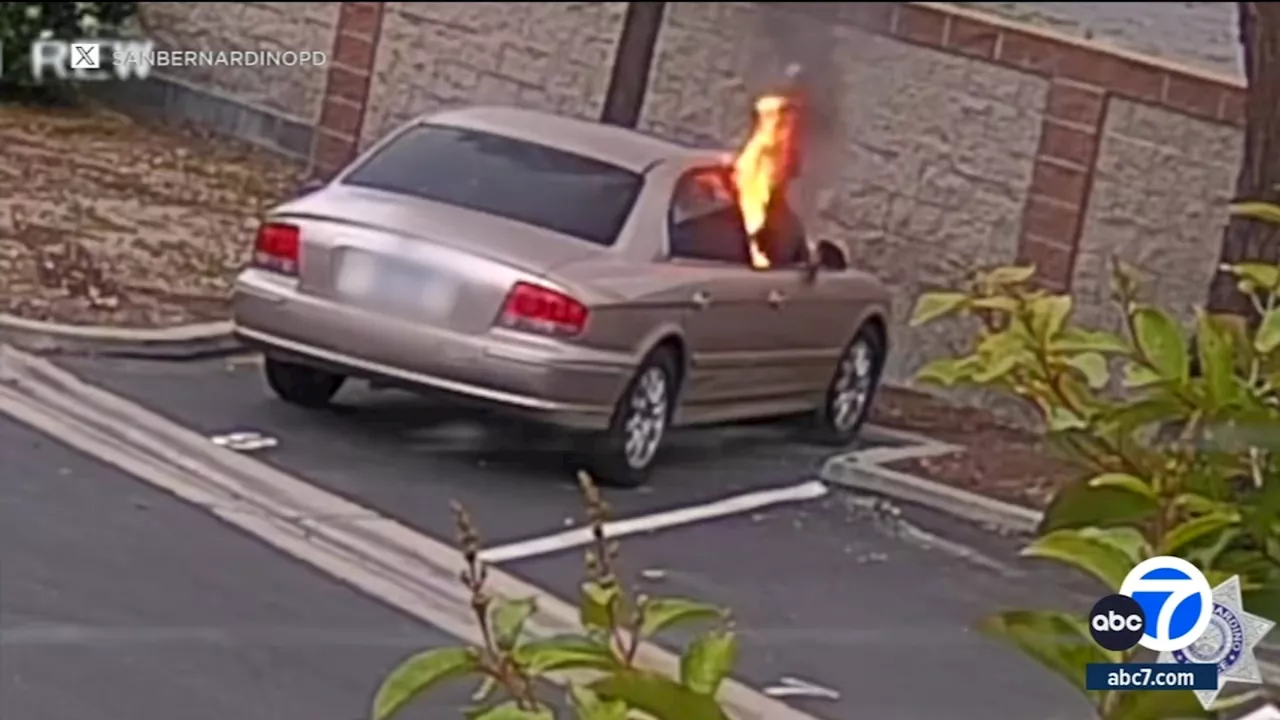 Suspects caught on video setting car on fire at San Bernardino senior living center