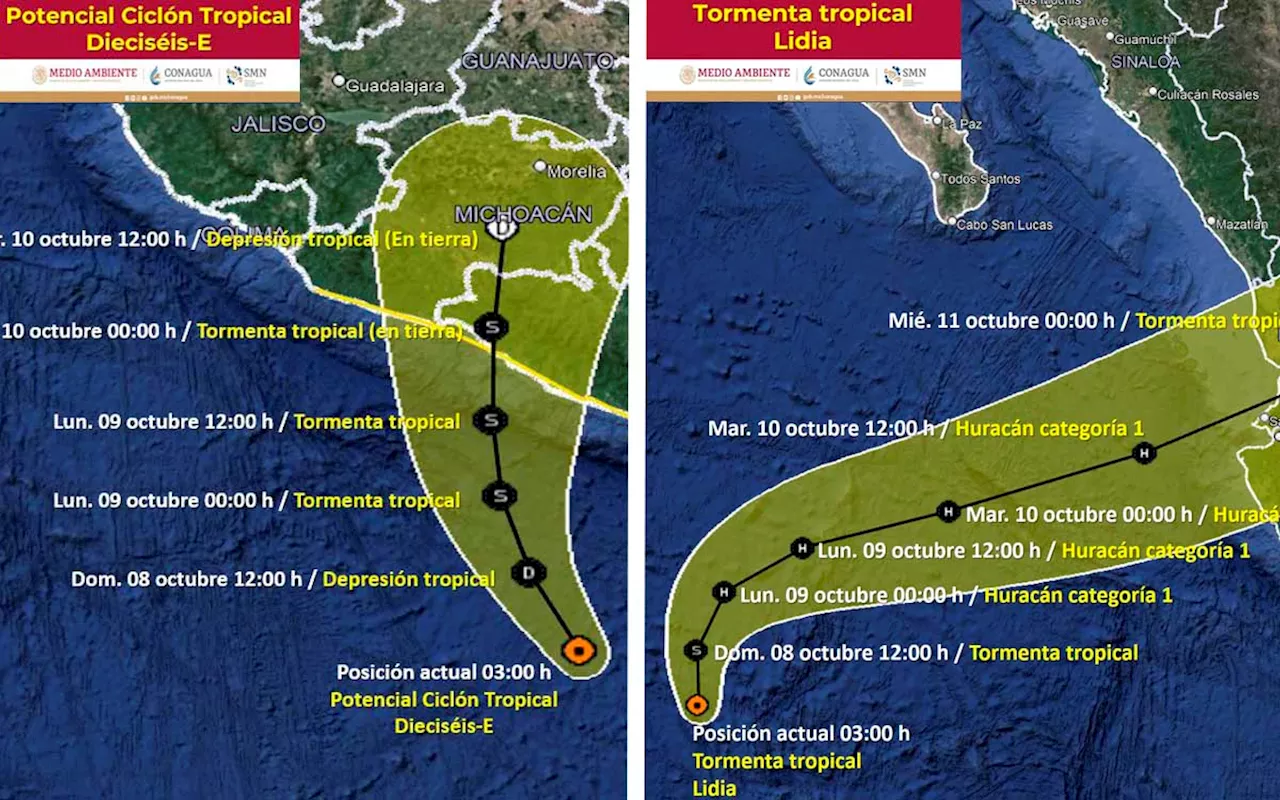 Alertan por lluvias intensas debido a tormenta tropical 'Lidia' y potencial ciclón tropical 'Dieciséis-E'