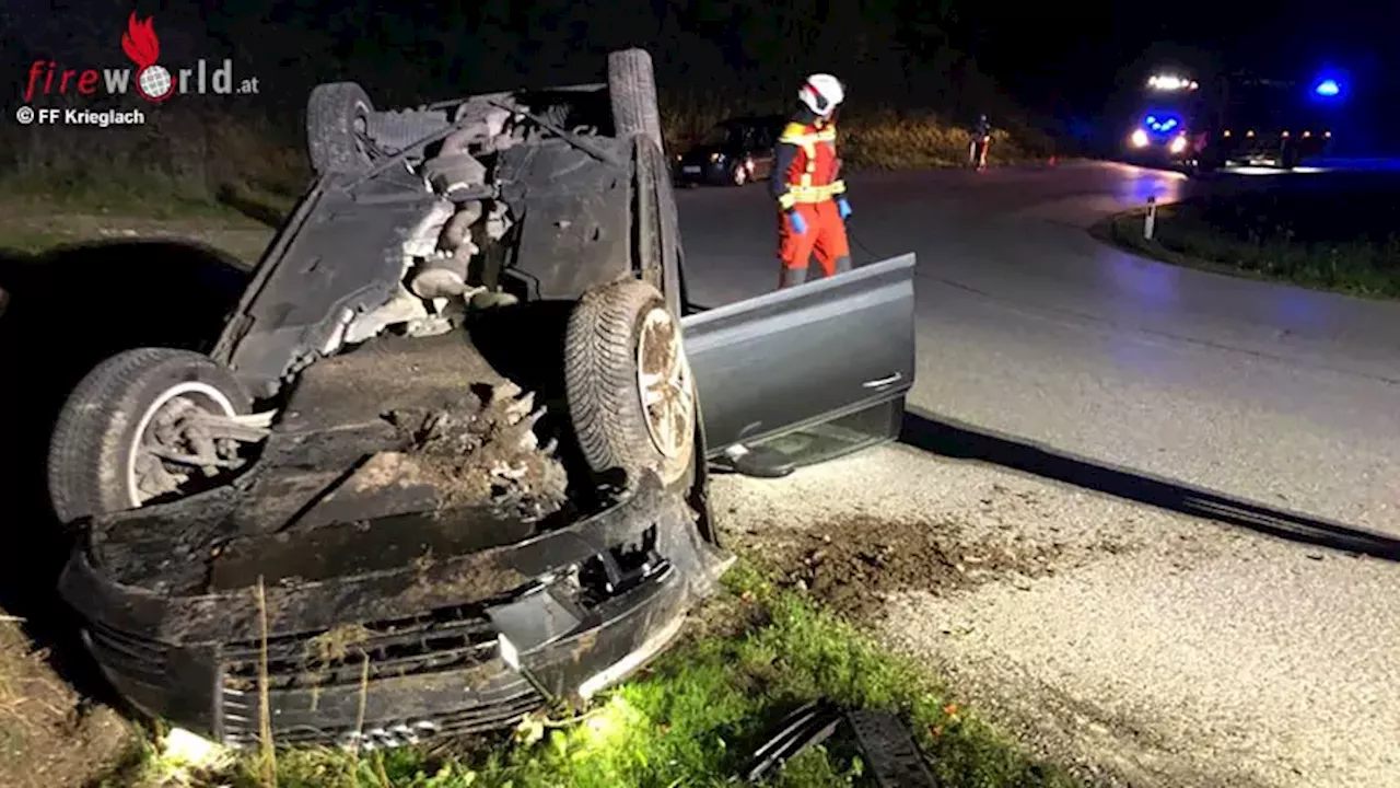 Stmk: Motorradunfall B 72, abgestürzter Mountainbiker und Pkw am Dach → Feuerwehr Krieglach im Einsatz