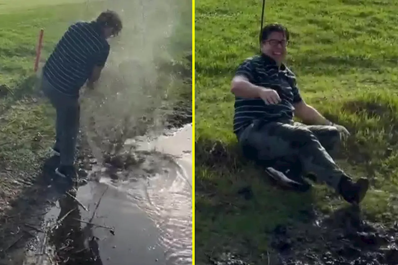 Tottenham fan Michael McIntyre soaked after hilariously tripping during round of golf with James Maddison...