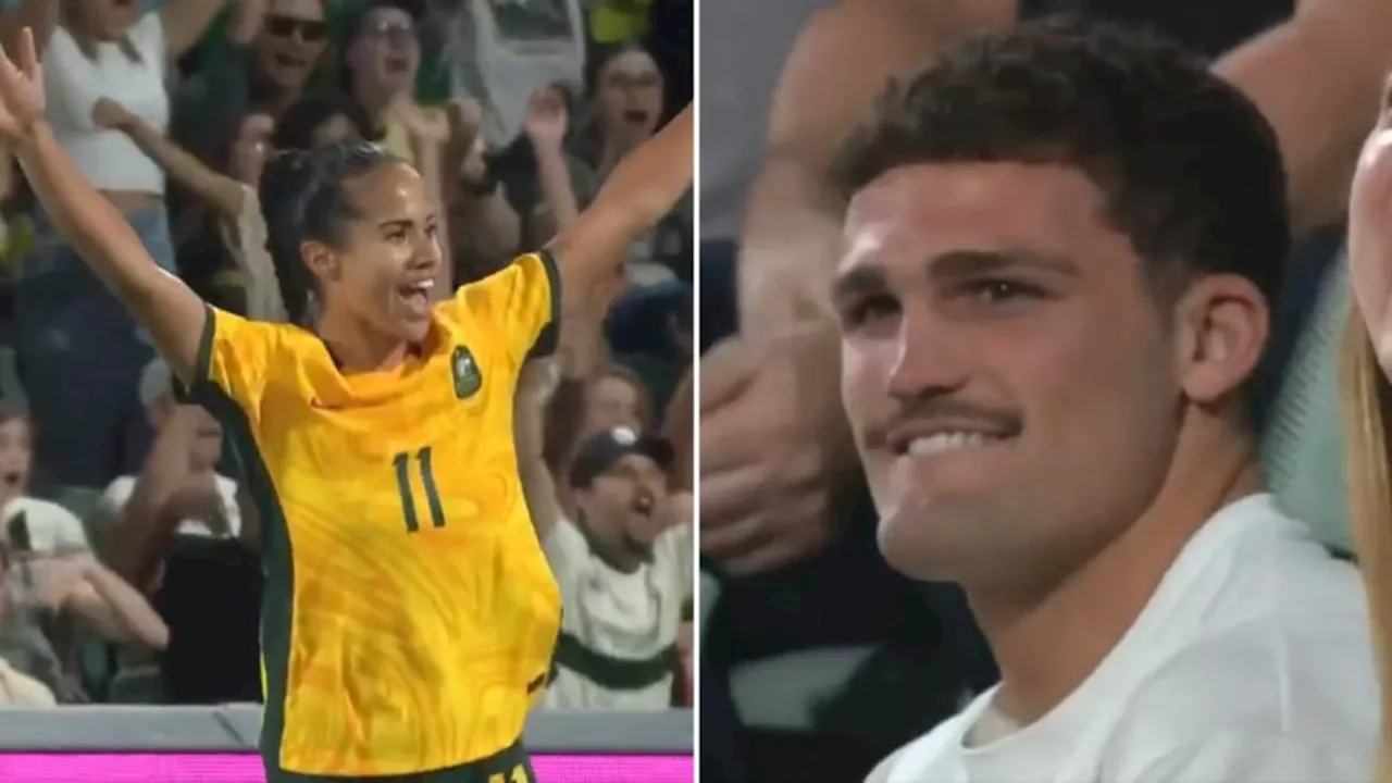 Nathan Cleary can’t contain priceless reaction to Mary Fowler goal during Matildas win over Chinese Taipei