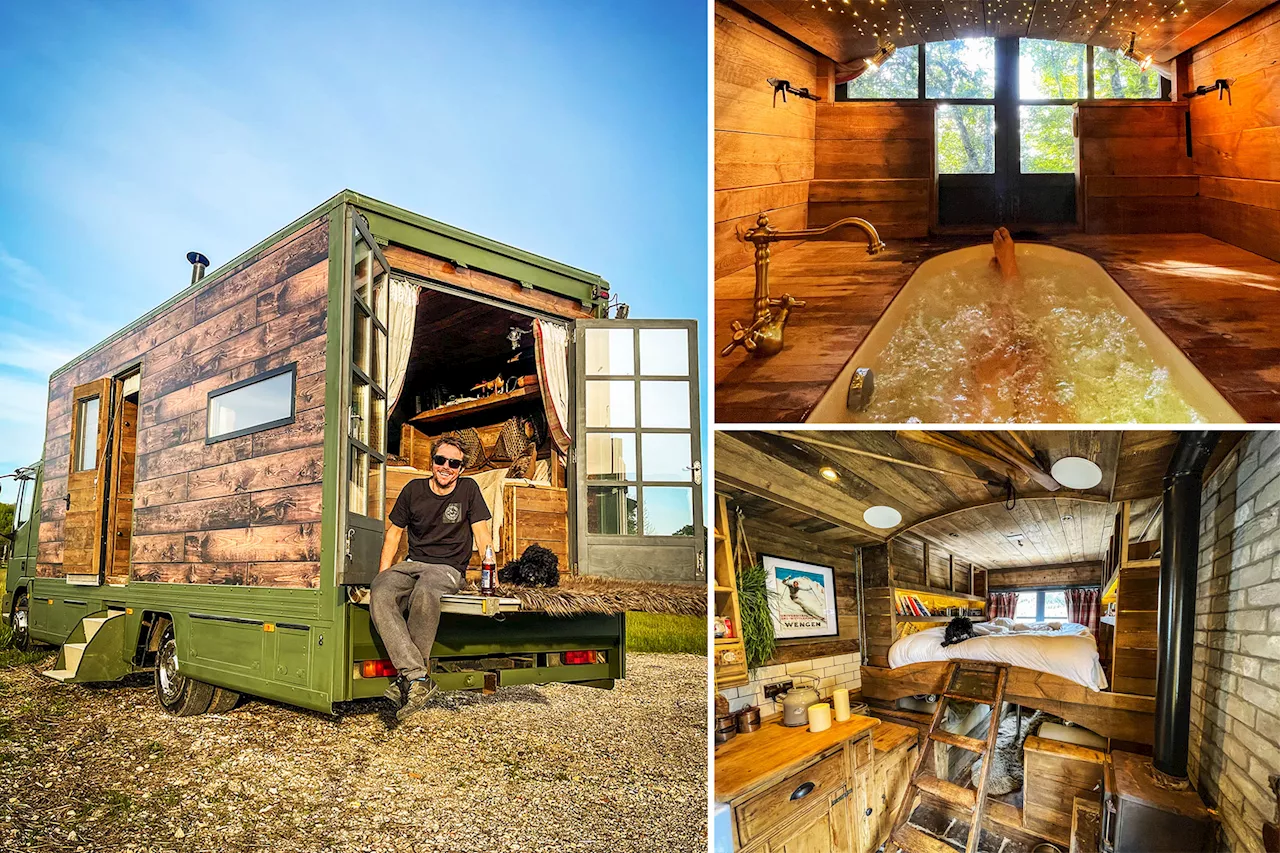 Inside a converted 'chalet on wheels' truck with a spa-style hot tub