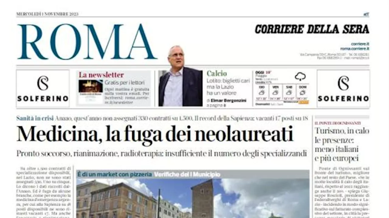 Il Corriere di Roma apre con Lotito: 'Biglietti cari, ma la Lazio ha un valore'