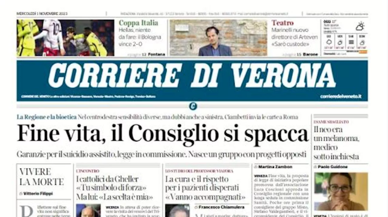 Il Corriere di Verona in prima pagina: 'Hellas, niente da fare: il Bologna vince 2-0'