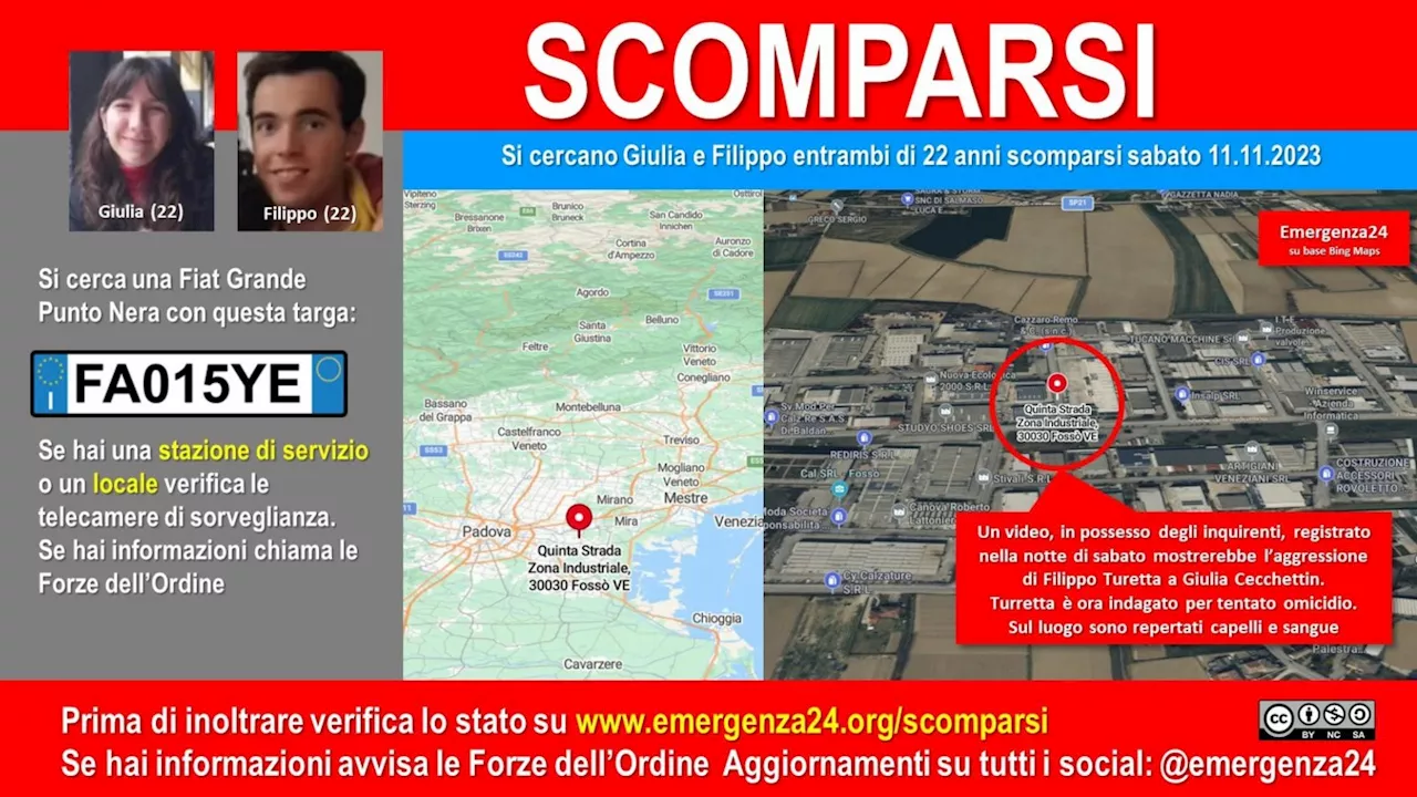 Giulia e Filippo scomparsi da sette giorni. Il video dell'aggressione, lui indagato per omicidio. Continuano …