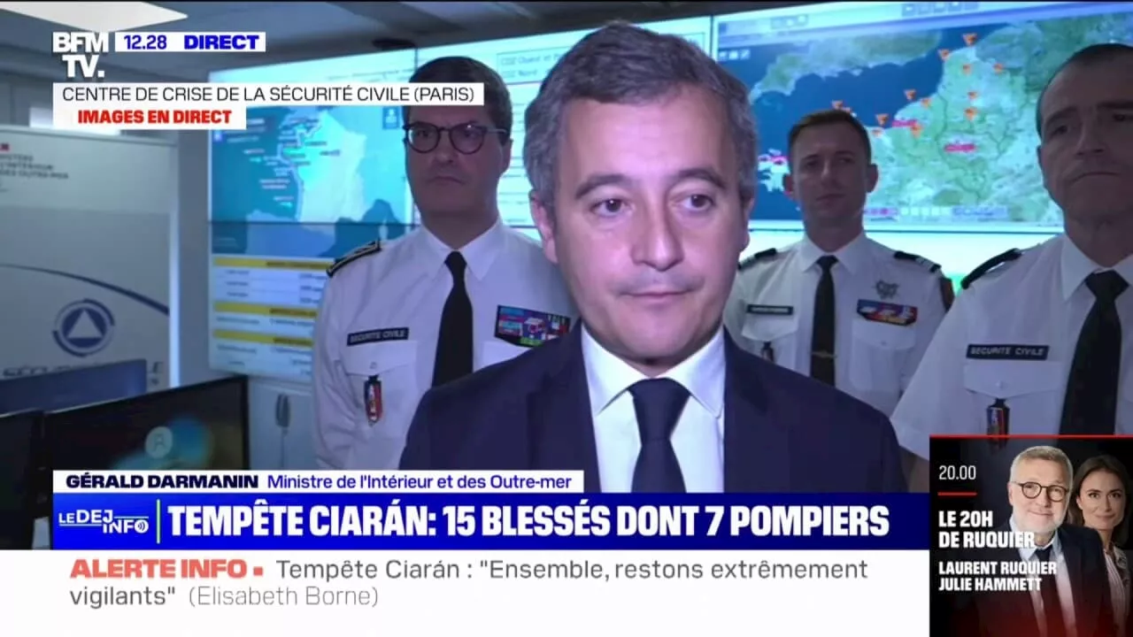 Tempête Ciarán: 'Il y a 15 blessés dont 7 sapeurs-pompiers', affirme Gérald Darmanin