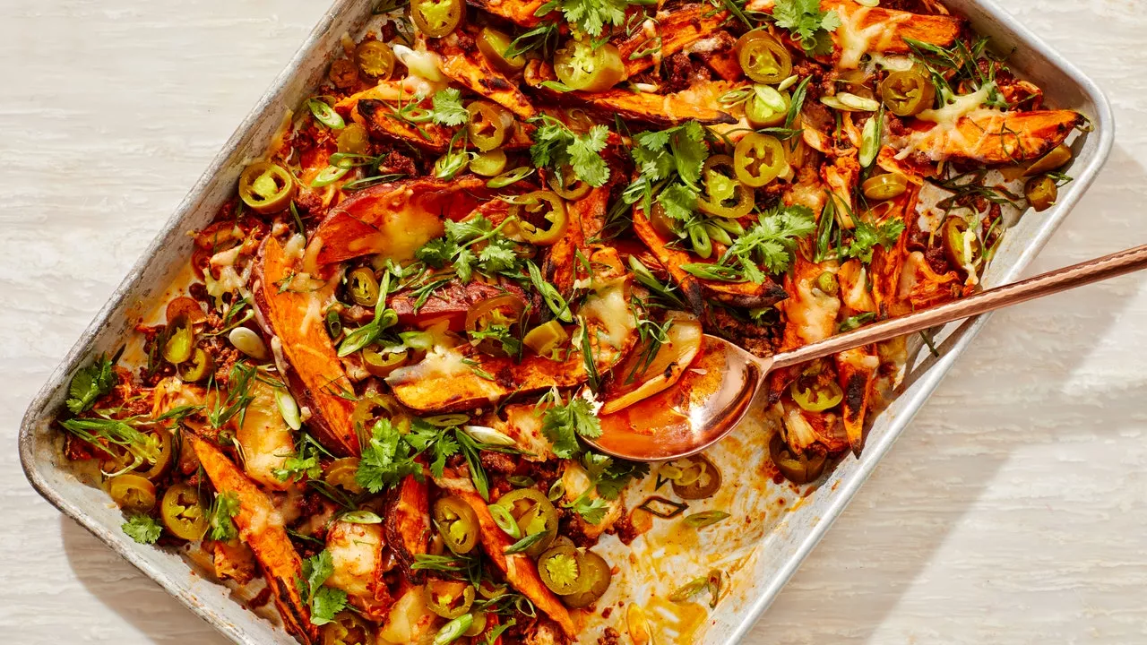 Beefy Cheesy Sweet Potatoes With Kimchi