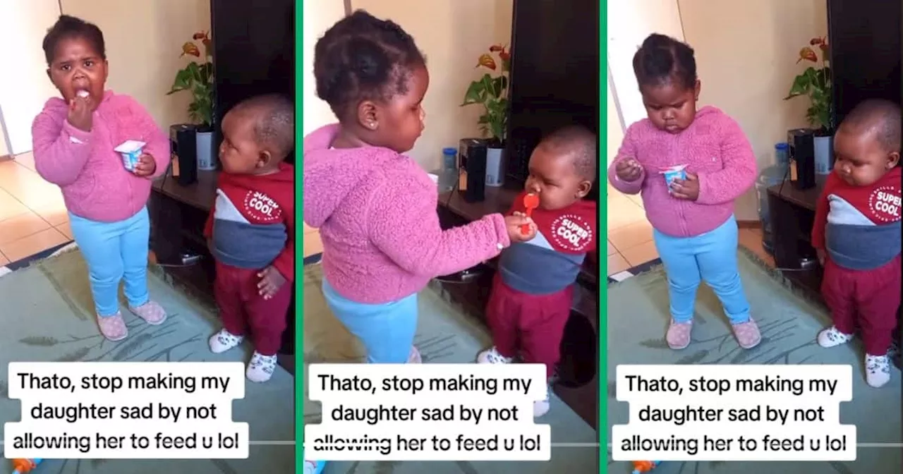 Toddler Sister Tries to Feed Brother Yoghurt in Adorable TikTok Video, Leaves Mzansi in Their Feels