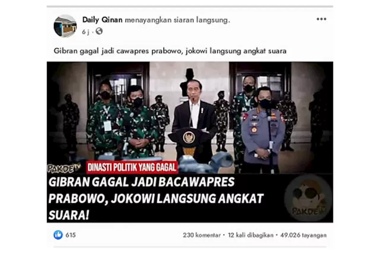 Produsen Hoax Kombinasikan Foto Lama, Narasikan Gibran Gagal Jadi Cawapres Prabowo