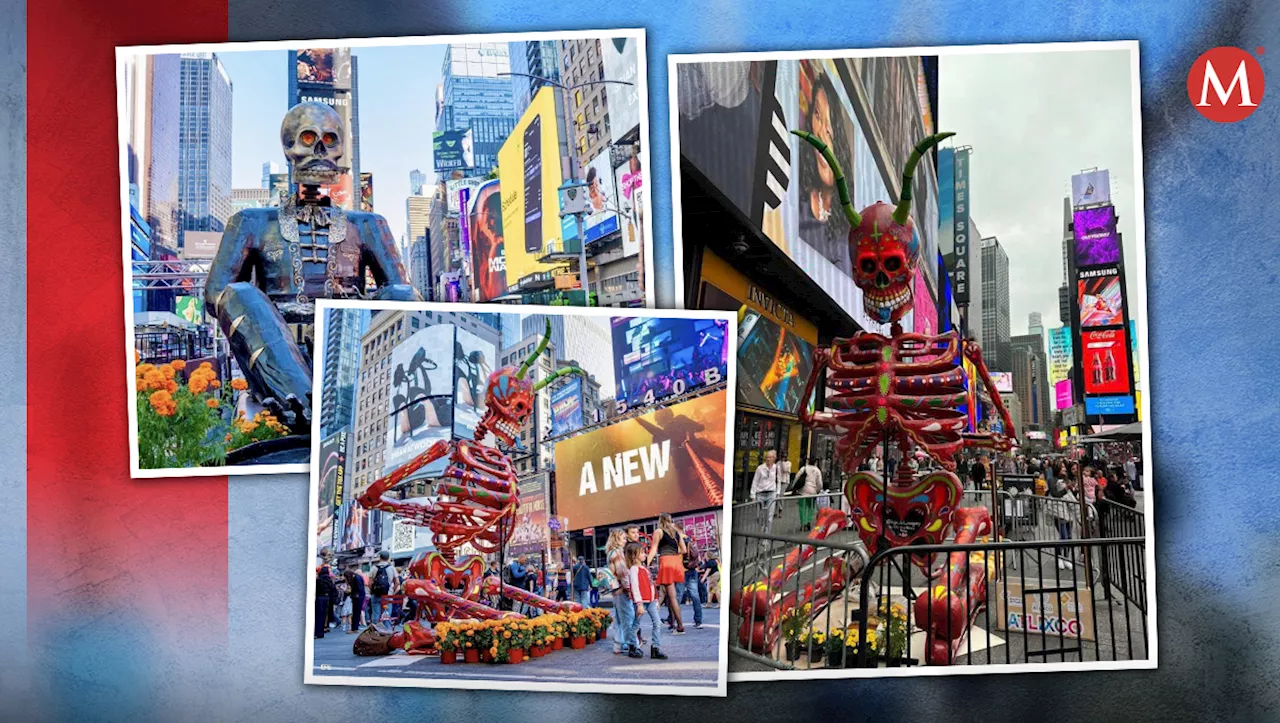 Catrinas monumentales de Puebla adornan Times Square, en Nueva York