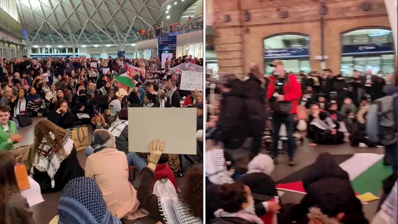 Palestine supporters stage 'sit-in' protest at King's Cross station in London