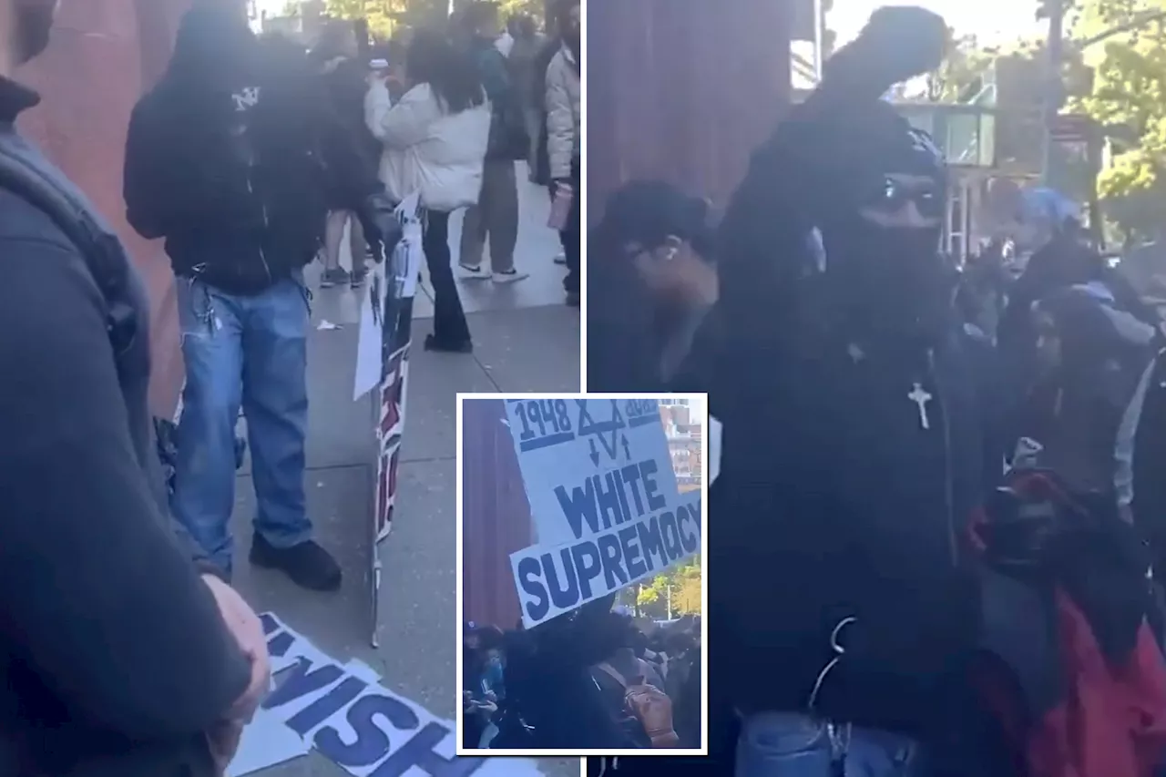 Masked man holding 'white supremacy' placard at NYU protest repeatedly spits on Jewish sign