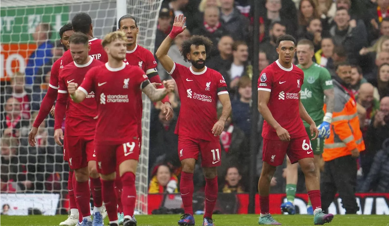 Salah scores twice as Liverpool beats 10-man Everton 2-0 in Merseyside derby in Premier League