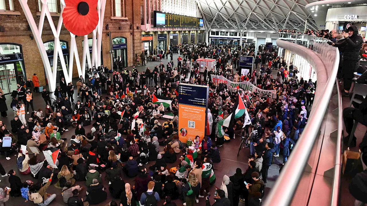 Hundreds of pro-Palestinian protesters stage sit-in demonstration in King's Cross Station and demand...